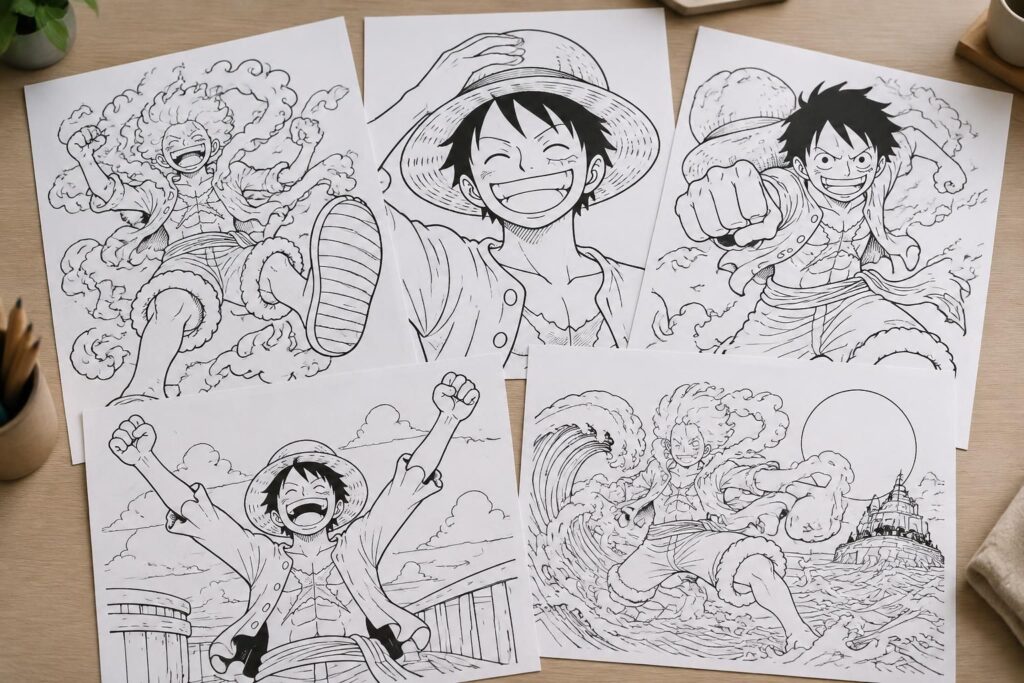 téléchargez des coloriages de luffy à imprimer : découvrez gear 5, ses aventures et ses scènes célèbres de one piece à colorier.